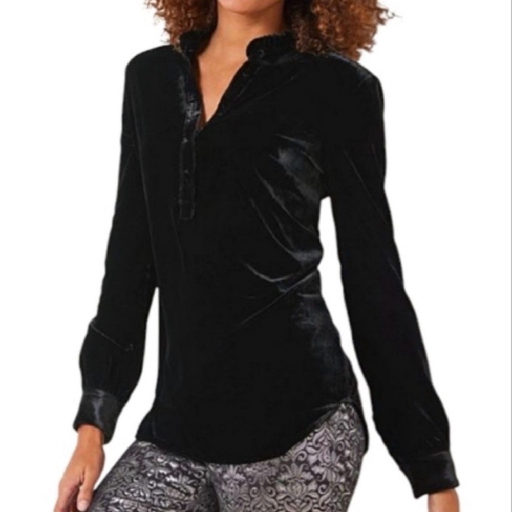 Talbots Women's Ruffle Trim Black Velvet Popover Top Size Sp
